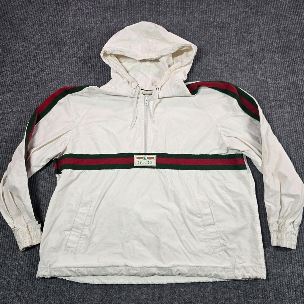 Gucci Jacket Mens IT 50 White Hooded Retro Canvas Stripe Logo Windbreaker Italy